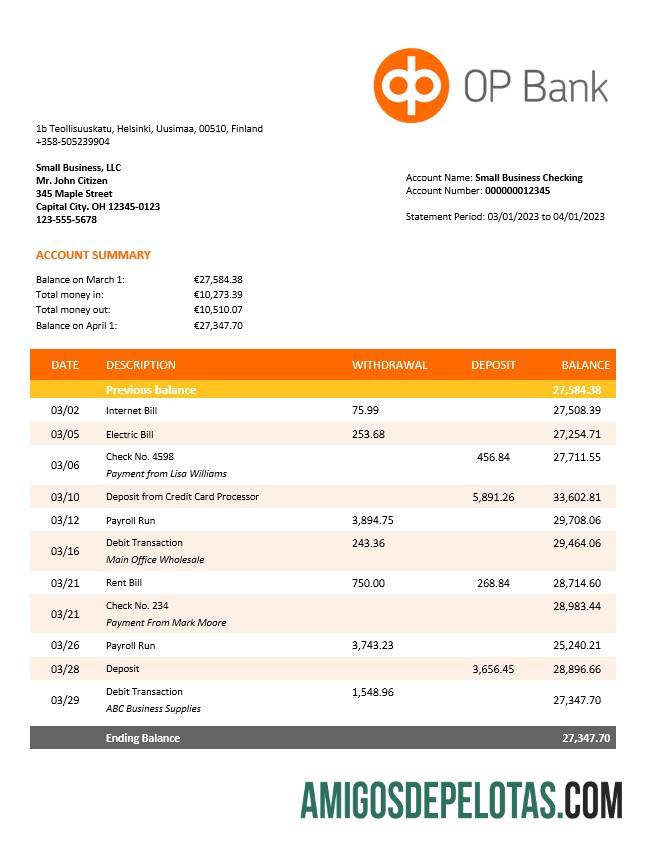 Baixável OP Bank Company Extracto de conta modelo Word e PDF